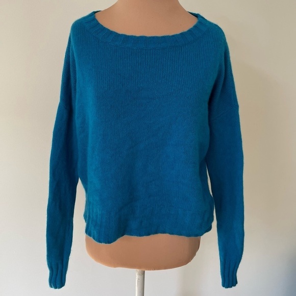 360 Cashmere Ribbed Trim Blue Knit Pullover Sweater #21106 EUC Size XS